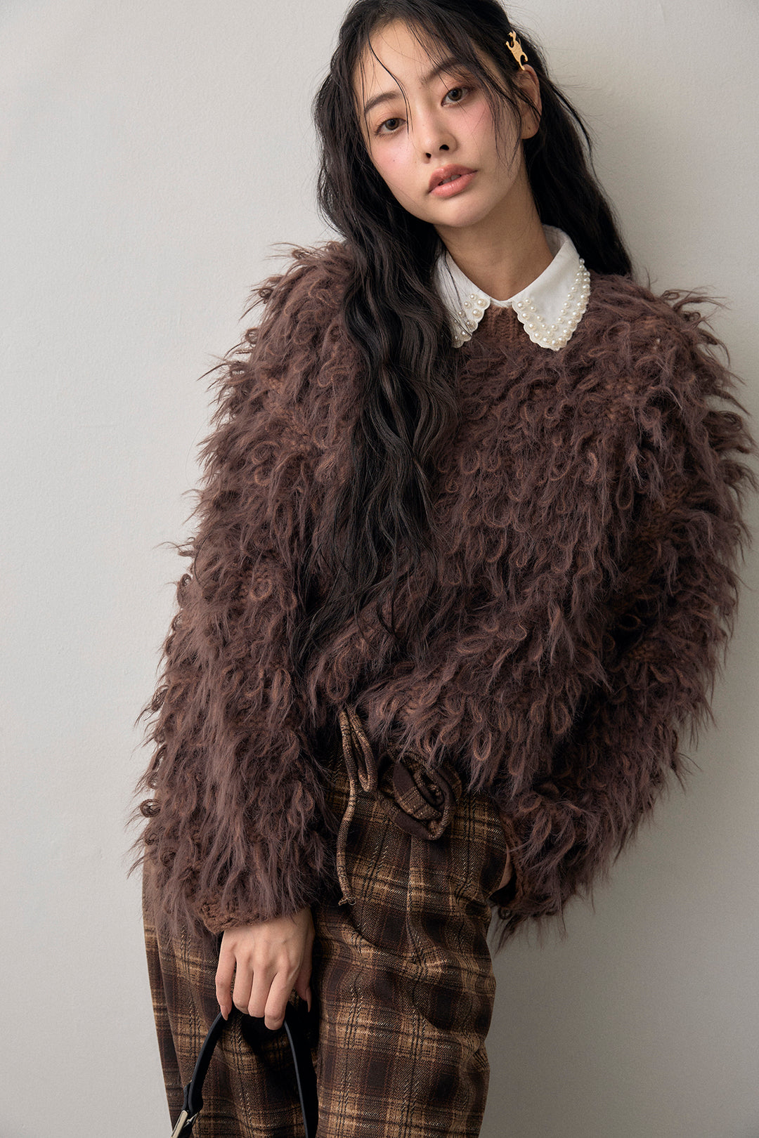 [予約/SET]ループシャプルオーバーニット+クラシカルチェックフラワーモチーフ付きパンツ(2set)