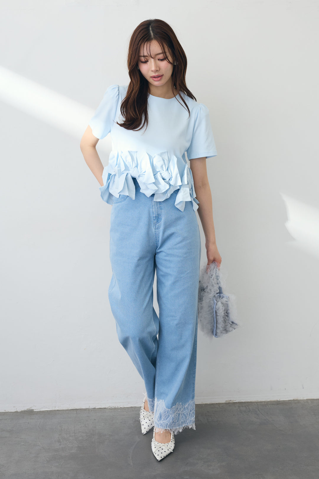 [予約/SET]リボンヘムデザインTシャツ+【接触冷感】ヘムレースデニムパンツ(2set)