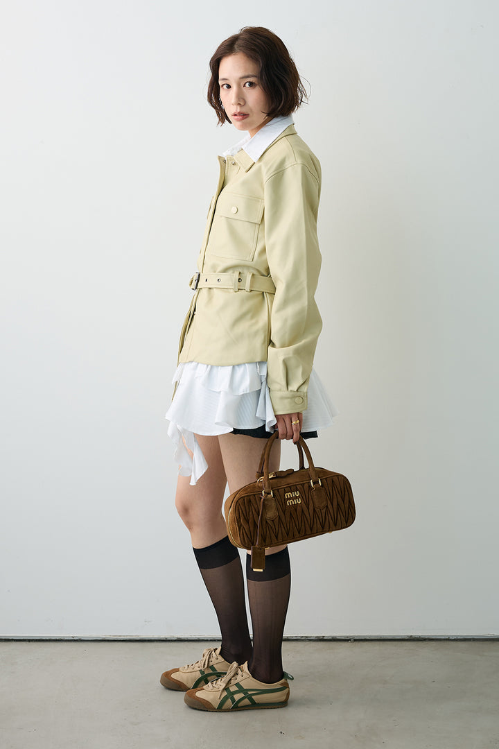 [予約/SET]ストライプフリルヘムシャツチュニック+レザーライクウエストシェイプジャケット(2set)