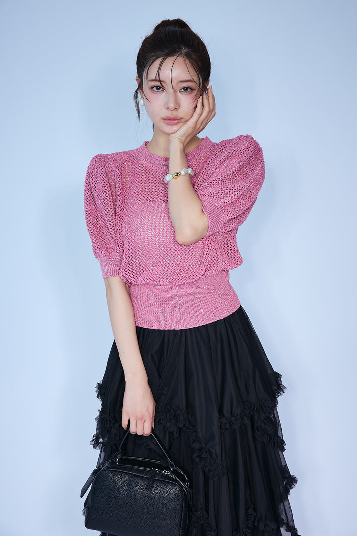 [予約]ラメ混パフスリーブハーフスリーブニット