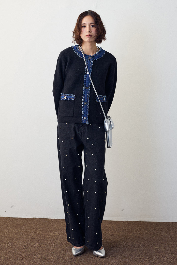 [予約/SET]デニムドッキングマルチパターンカーデ+パールスタッズストレートハイウエストデニム(2set)