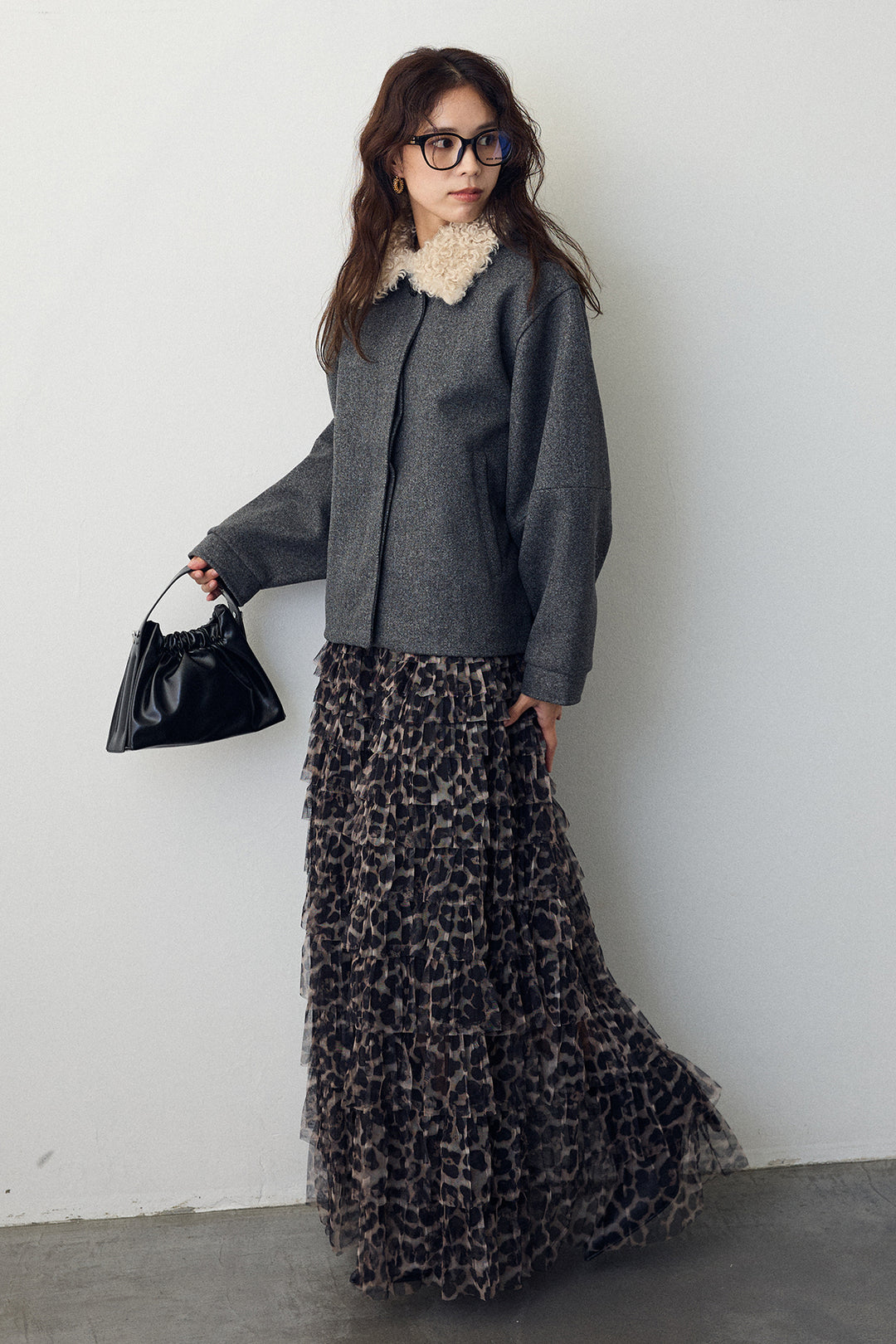 [予約/SET]プードル襟2wayコート+レオパードチュールティアードスカート(2set)