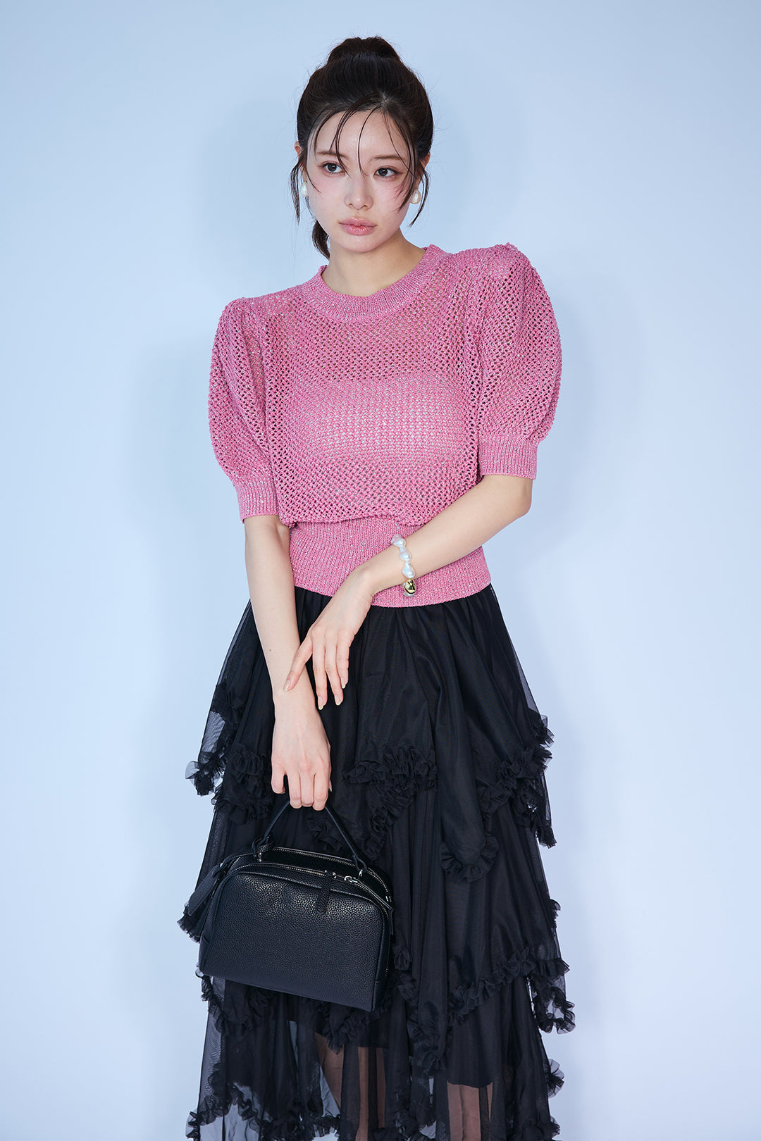 [予約/SET]ラメ混パフスリーブハーフスリーブニット+ムードチュールフリルスカート(2set)