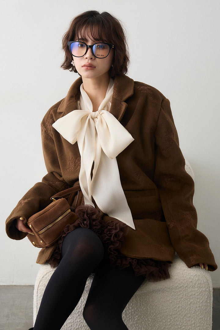 [予約/SET]前後2wayリボンシアーブラウス+フラワーエンブロイダリーモッサジャケット+ホイップチュールミニ丈スカート(3set)