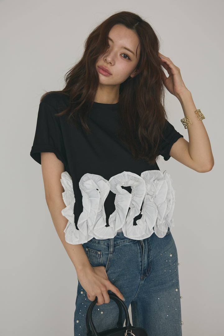 [予約/SET]フリルウェーブヘムカットTシャツ+パールラインストーンハイウエストデニム(2set)