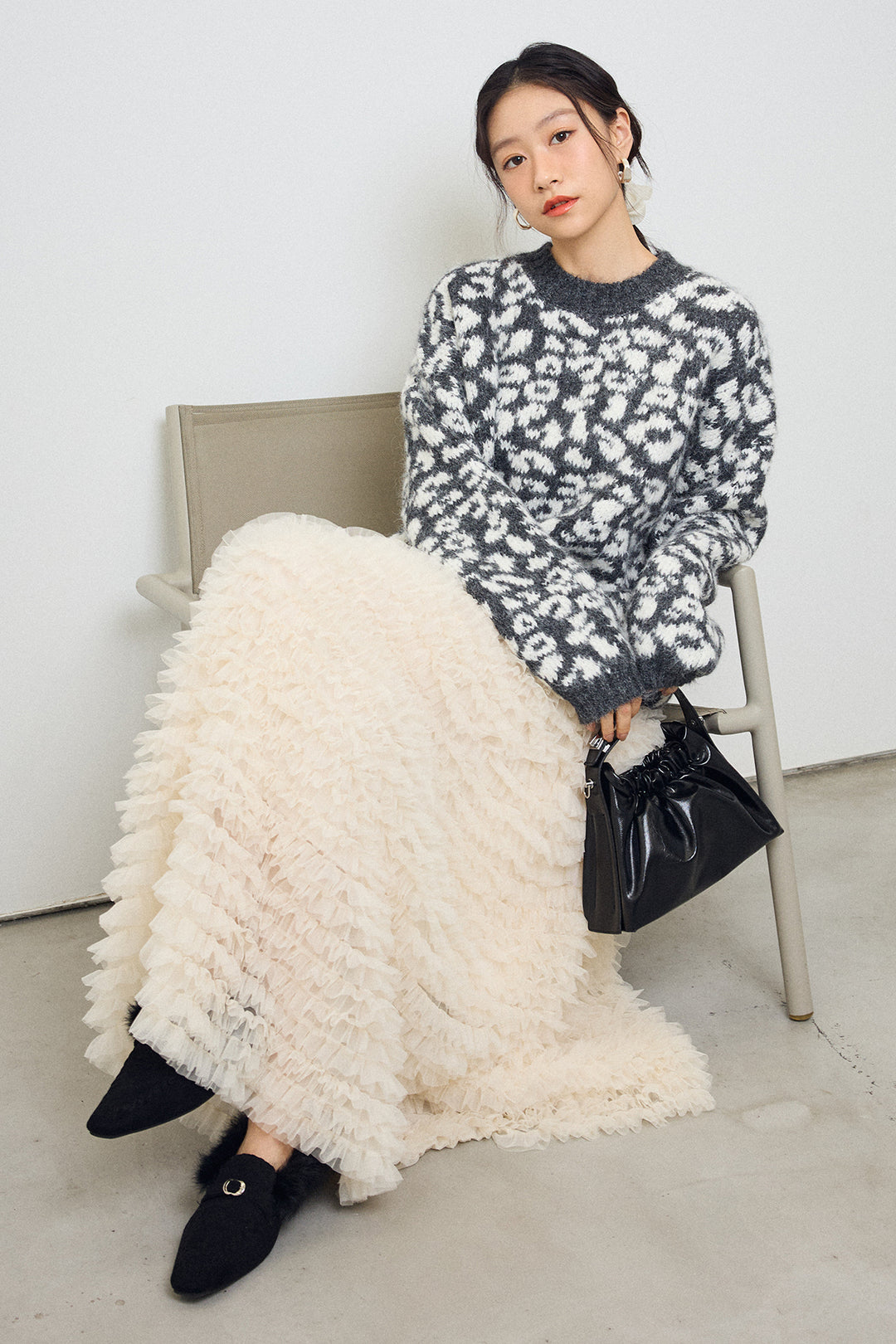 [予約/SET]レオパードクルーネックニットプルオーバー+ホイップチュールティアードスカート(2set)
