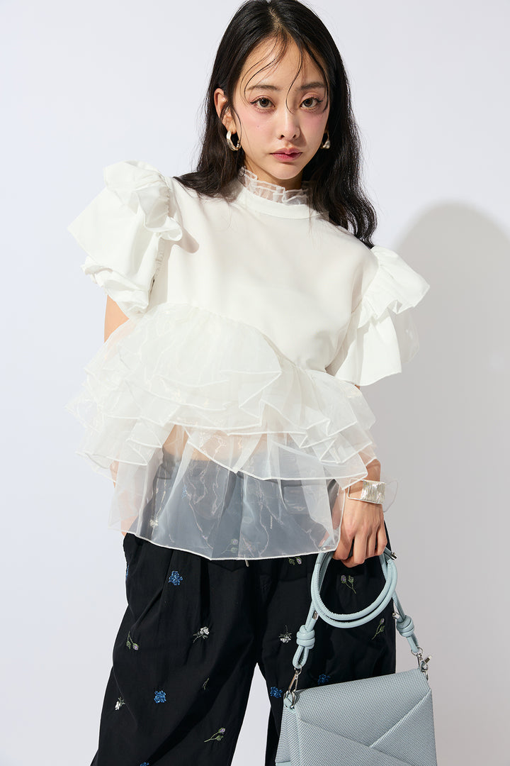 [予約/SET]オーガンジフリルティアードトップス+フラワー刺繍ローンイージーパンツ(2set)