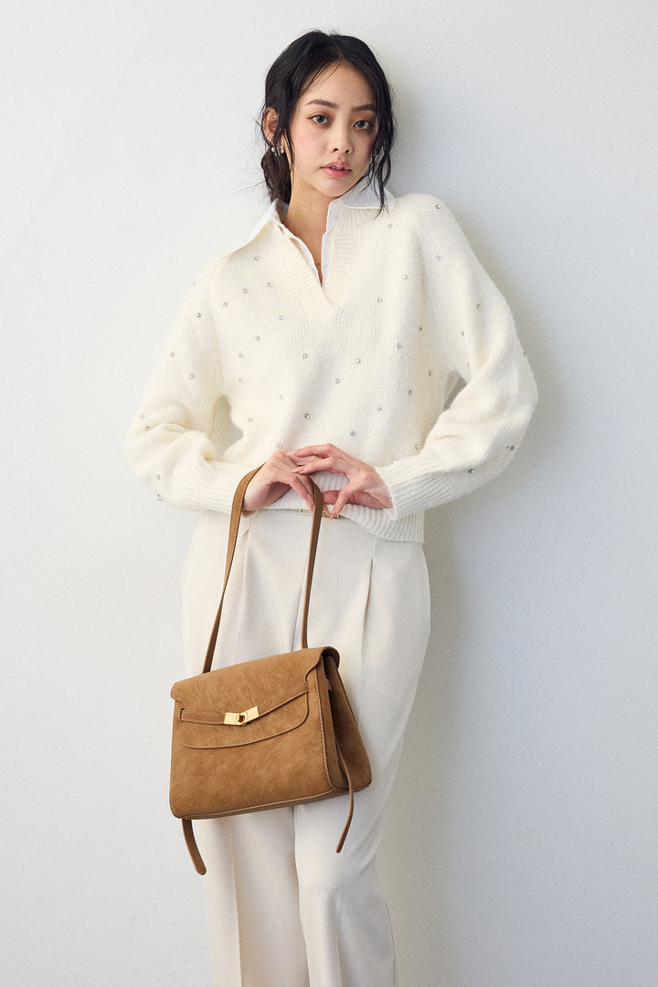 [予約/SET]シャツ襟ラインストーンニットPO+ポイントベルトセットストレートワイドパンツ(2set)