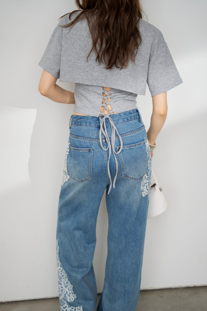 [予約/SET]バックレースアップTシャツ+レースプリントデザインデニムパンツ(2set)