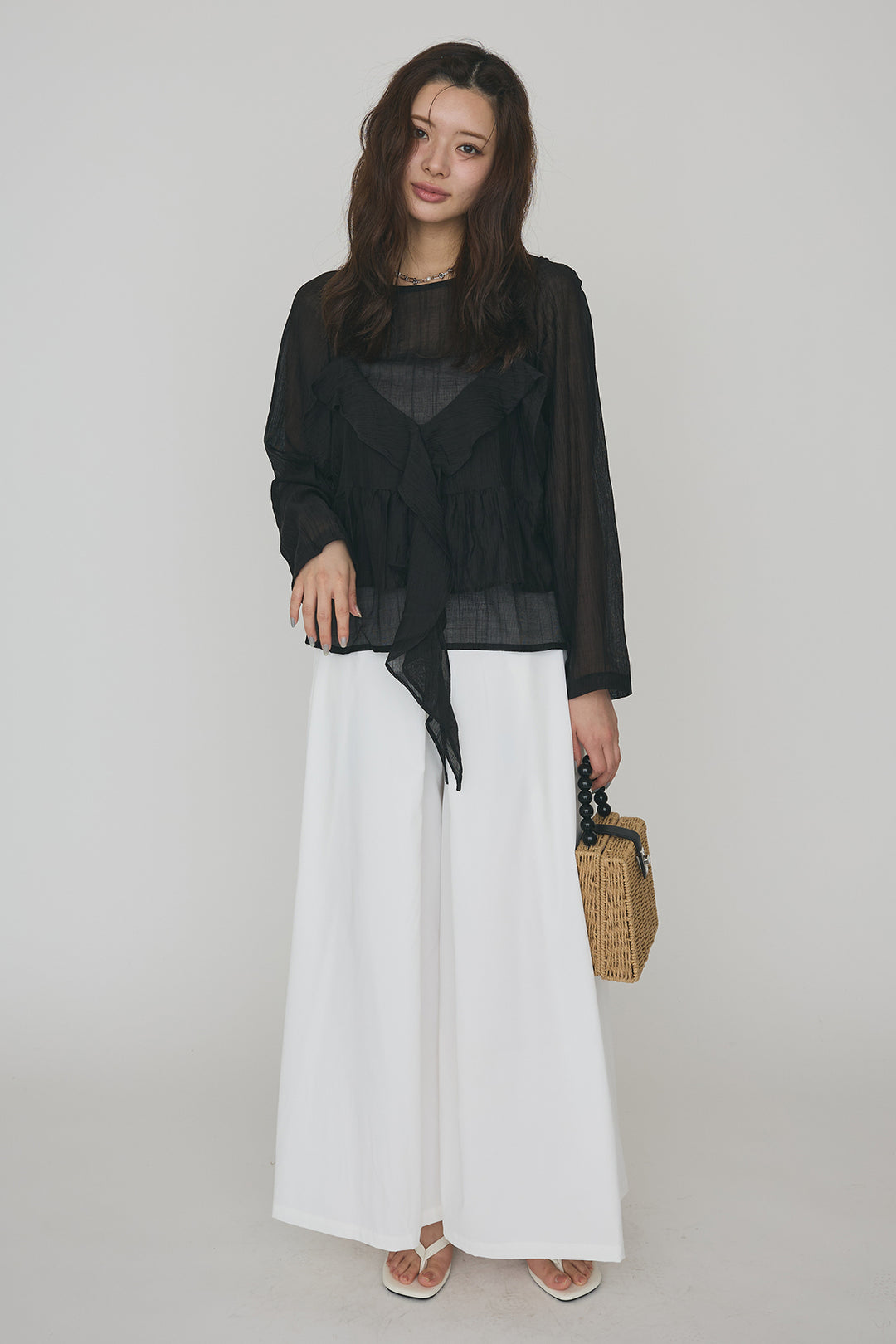 [予約/SET]ドレープフリルシアーレーヤードトップス+フロントサイドタックワイドパンツ(2set)