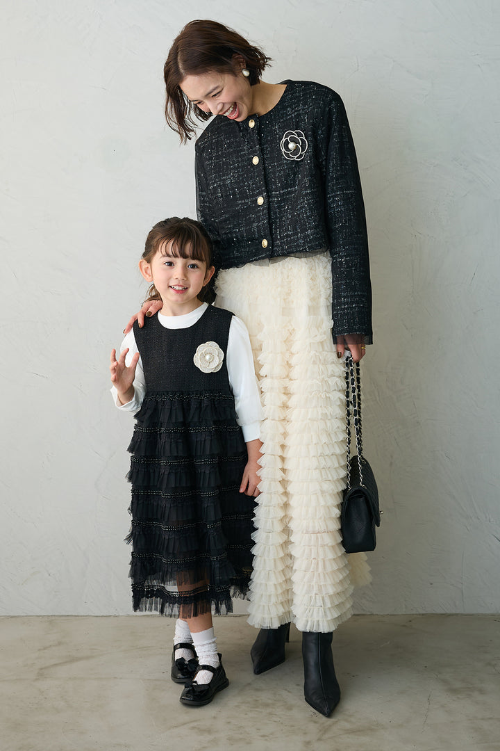 [予約/親子SET][kids]ティアードプリーツパールワンピセット+ツイード×チュールレイヤードクロップドジャケット+ホイップチュールティアードスカート(3set)