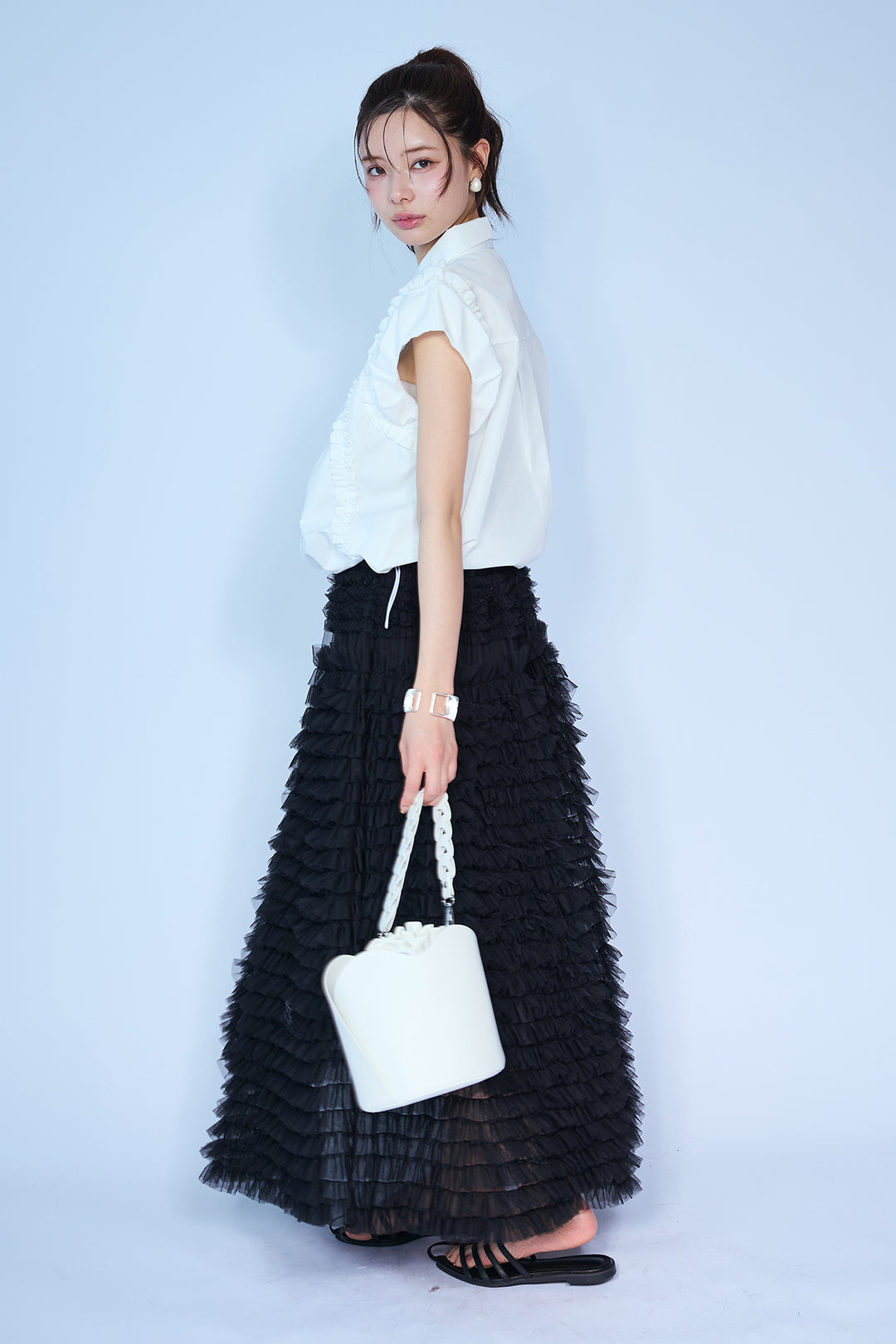 [予約/SET]ミックスフリルピンタックサイドドロストブラウス+ホイップチュールティアードスカート(2set)