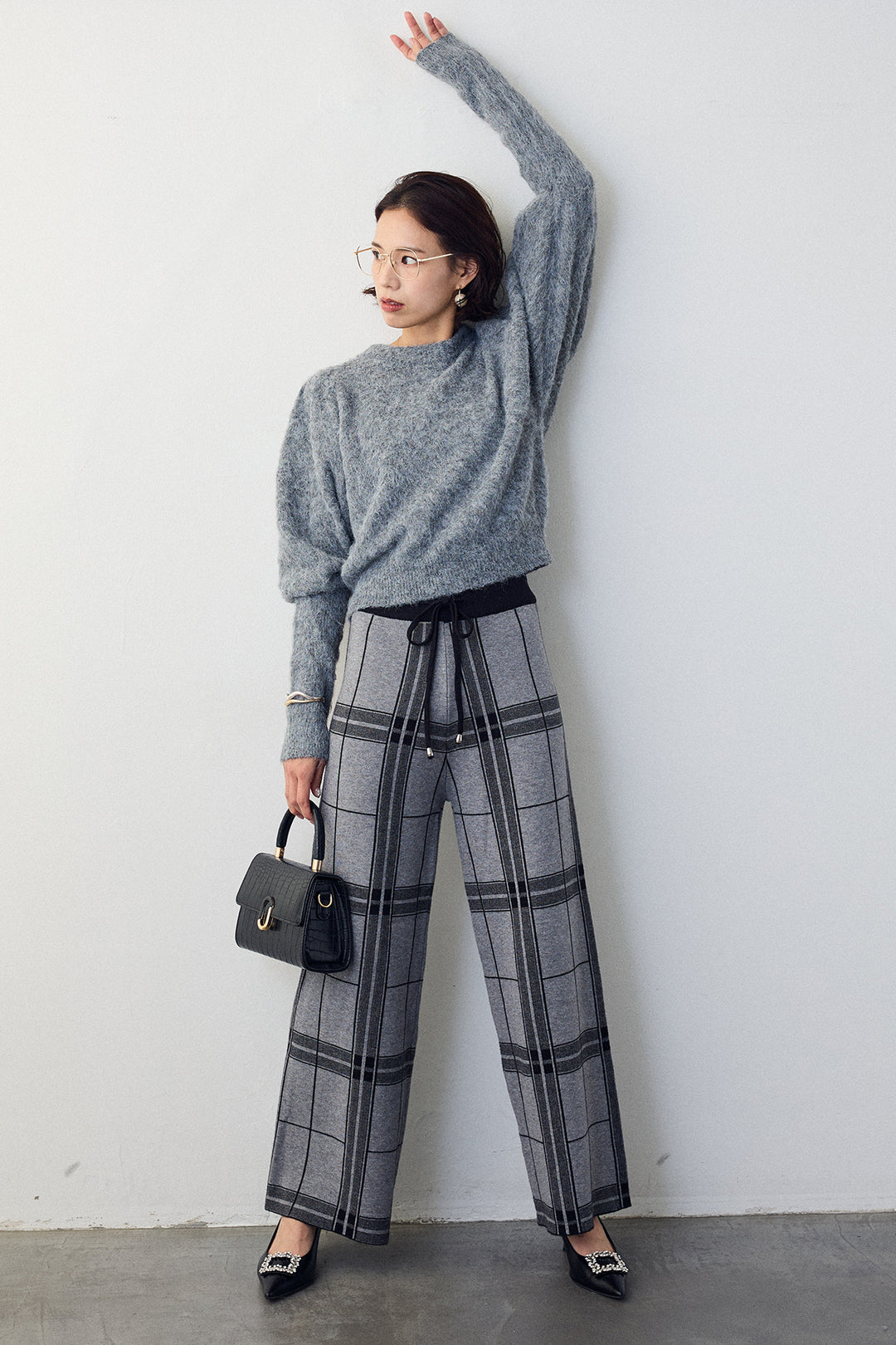[予約/SET]モヘアパフスリーブプルオーバー+チェック柄ニットストレートパンツ(2set)