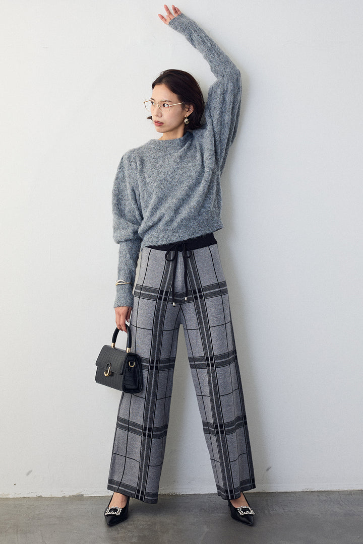 [予約/SET]モヘアパフスリーブプルオーバー+チェック柄ニットストレートパンツ(2set)