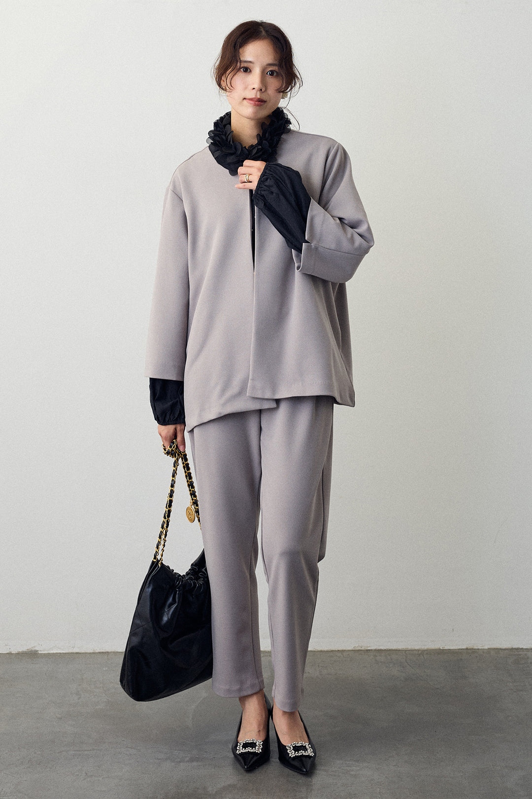 [予約/SET]フラワーフリルネックブラウス+ノーカラージョーゼットセットアップ(2set)