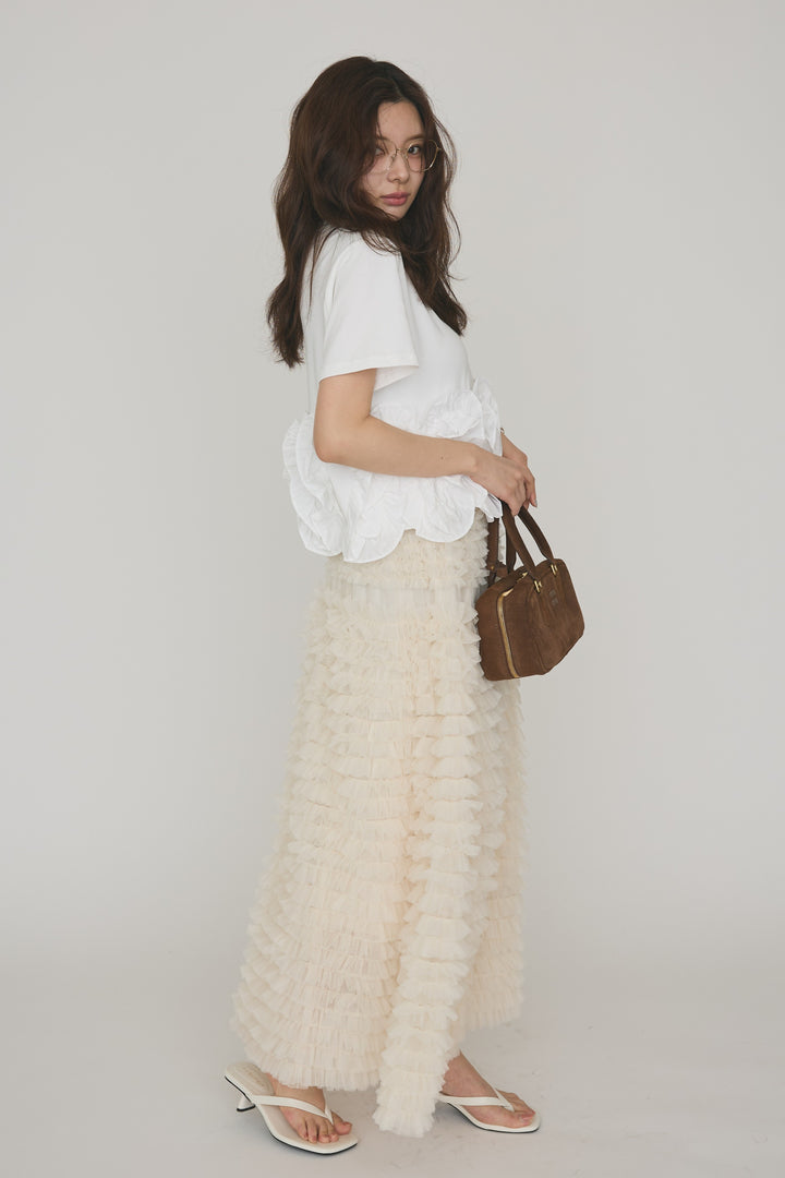 [予約/SET]フリルウェーブヘムカットTシャツ+ホイップチュールティアードスカート(2set)