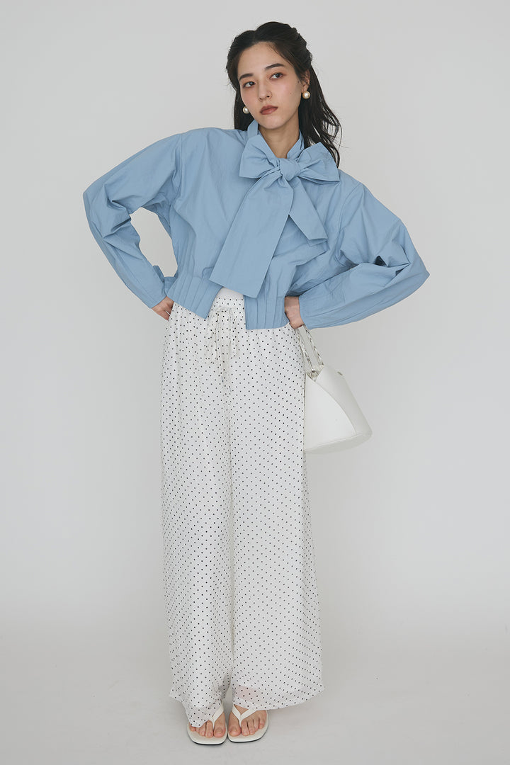 [予約/SET]フロントファスナーヘムタックボウタイブラウス+シアードットリラックスパンツ(2set)