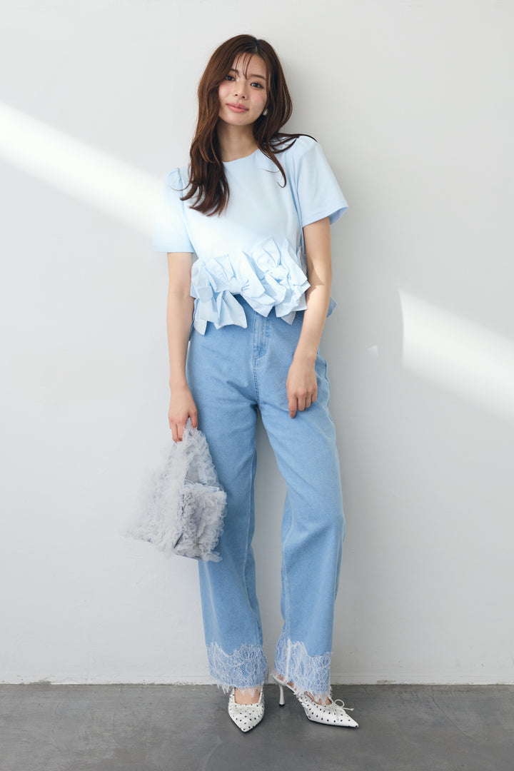 [予約/SET]リボンヘムデザインTシャツ+【接触冷感】ヘムレースデニムパンツ(2set)