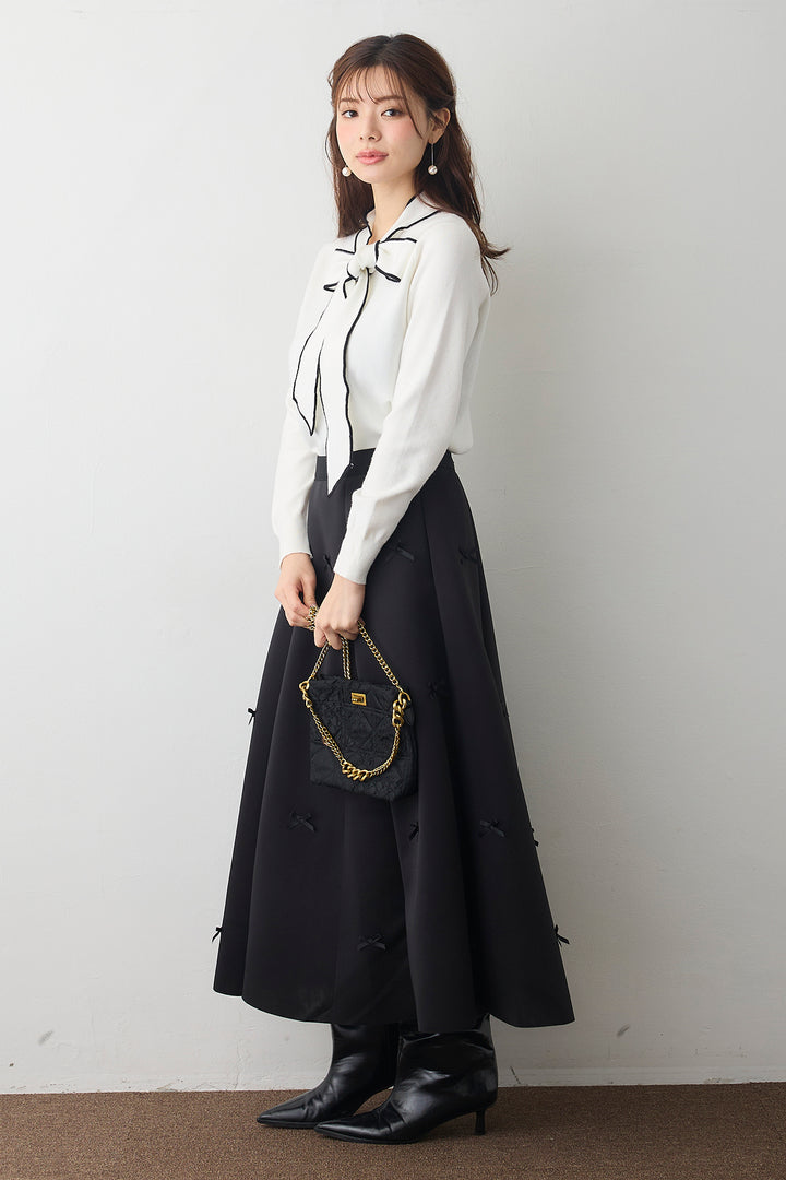 [予約/SET]配色ボウタイリボンニット+マルチパターンボンディングフレアスカート(2set)