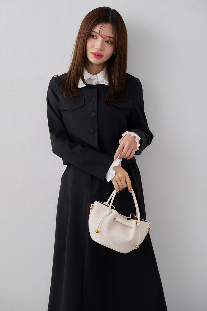 [予約/SET]ミニフリル襟ボリュームスリーブブラウス+ノーカラークロップドジャケットスカートセット(2set)