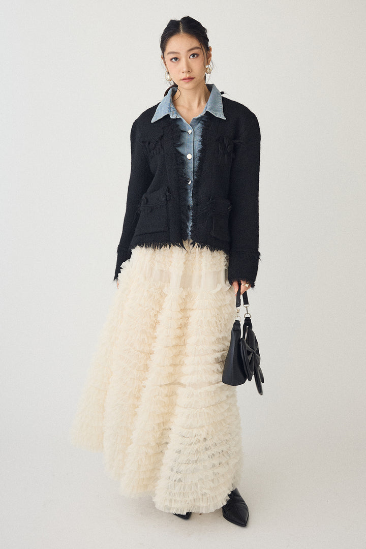 [予約/SET]デニムシャツドッキングツイードカーデ+ホイップチュールティアードスカート(2set)