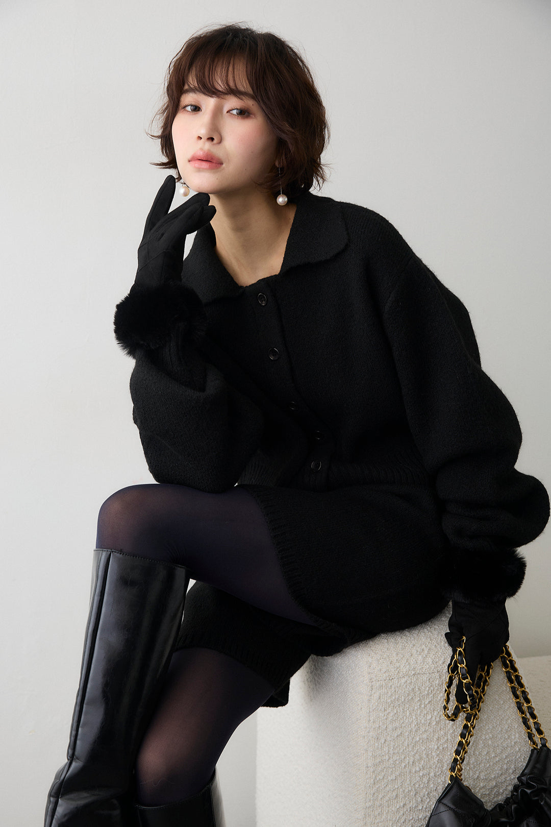 [予約]メランジニットポロ襟クロップドカーデ