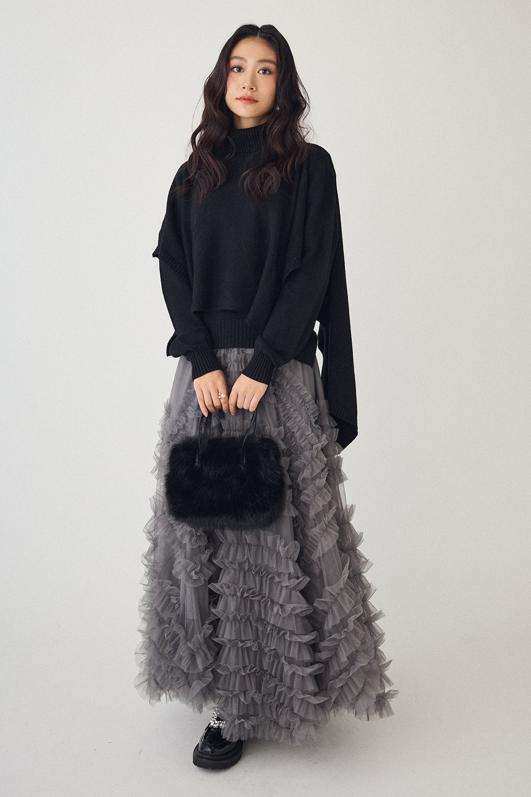 [予約/SET]アシメケープ2wayニット+スフレアシメチュールスカート(2set)