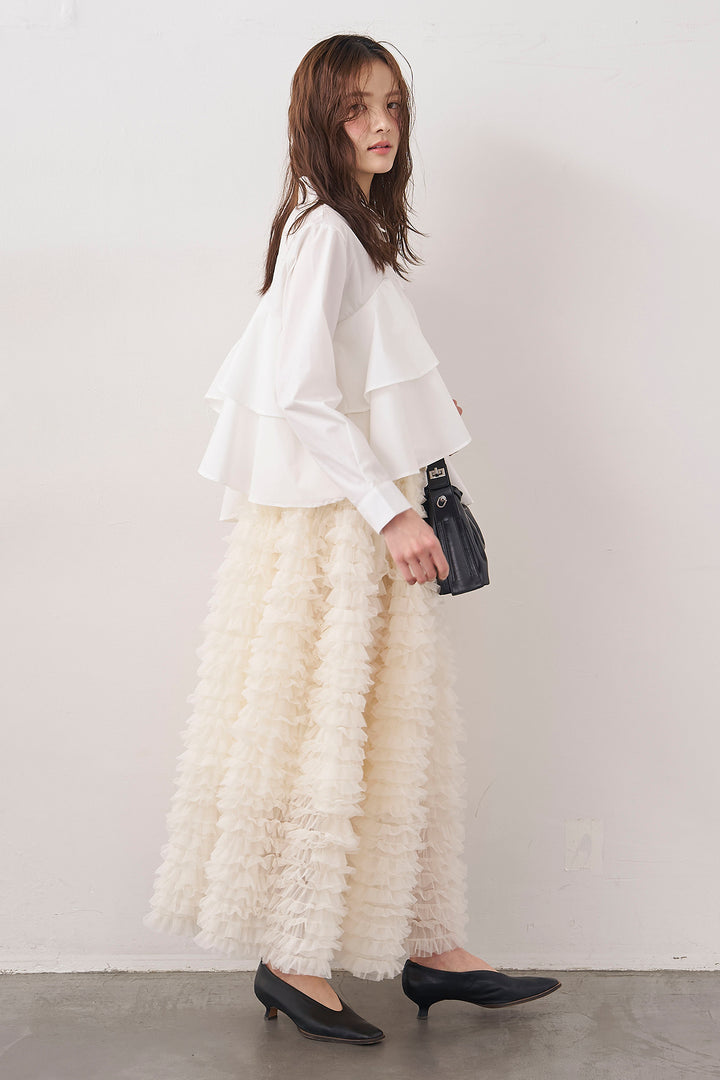 [予約/SET]アシメフリルティアードシャツ+ホイップチュールティアードスカート(2set)