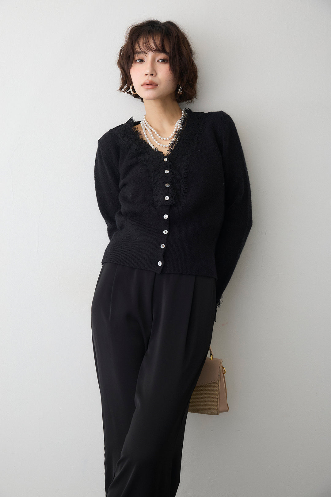 [予約/SET]レースVラインボタンニット+とろみドロストワイドパンツ(2set)