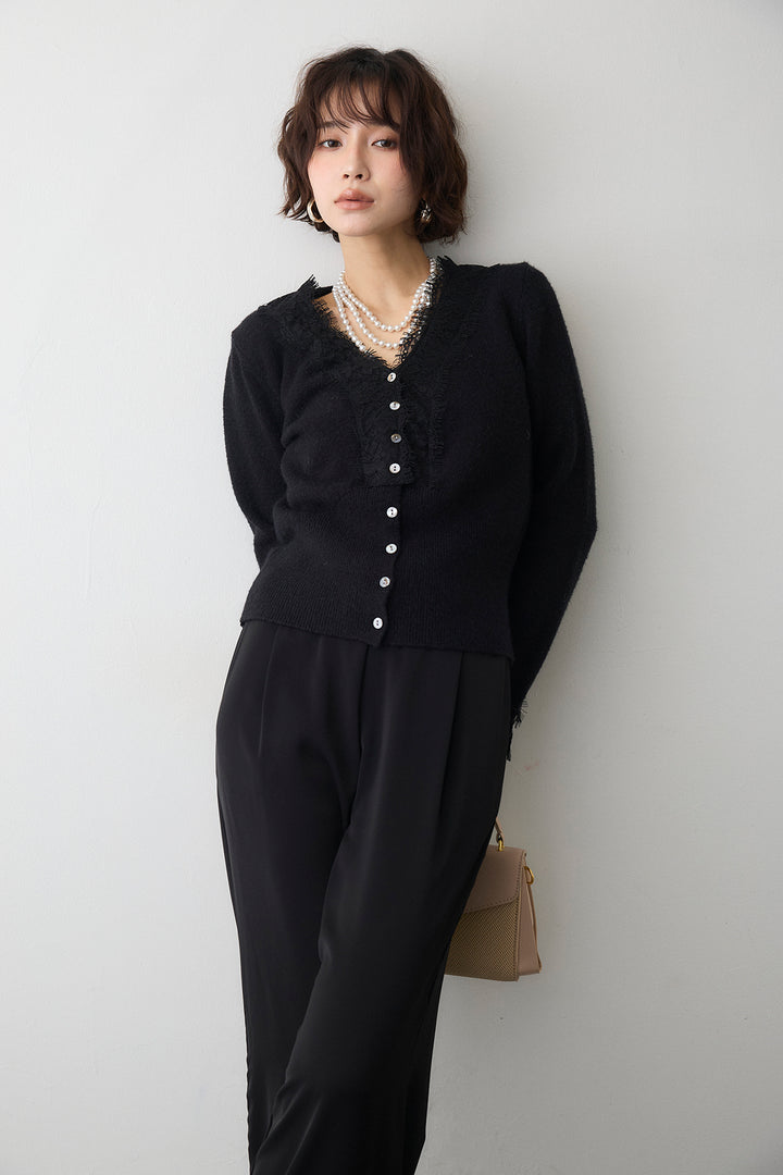 [予約/SET]レースVラインボタンニット+とろみドロストワイドパンツ(2set)