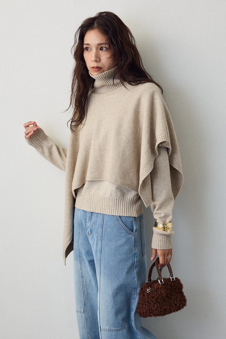 [予約/SET]アシメケープ2wayニット+ステッチ美ラインカーブデニムパンツ(2set)