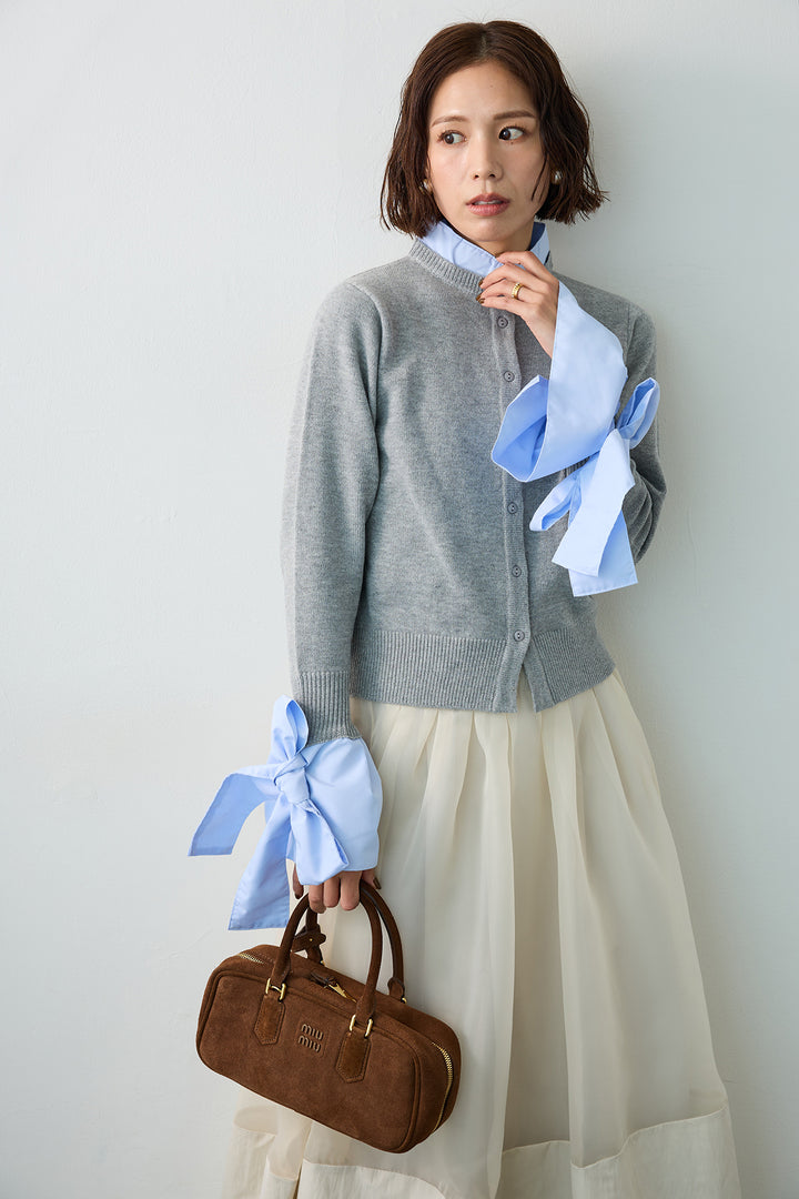 [予約/SET]BIGリボンカフスデザインニットドッキングカーデ+オーガンジー×タフタコクーンスカート(2set)