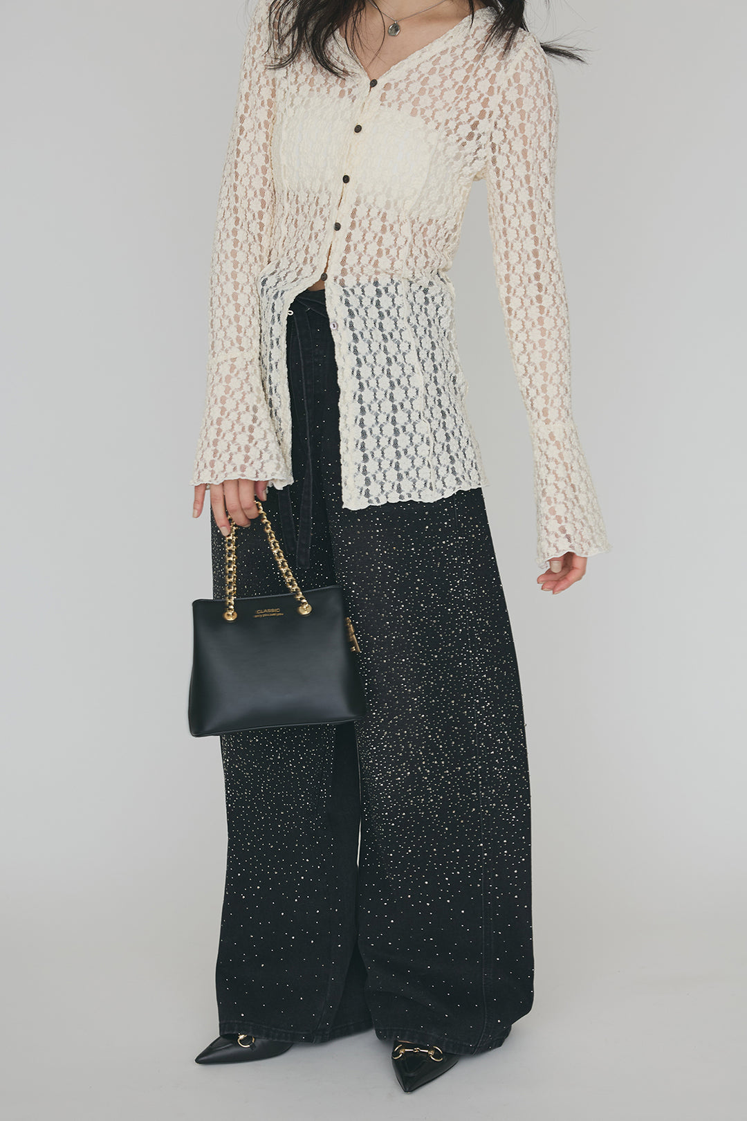 [予約/SET]カットレースフラワーVネックカーデ+ラインストーン美ラインデニム(2set)