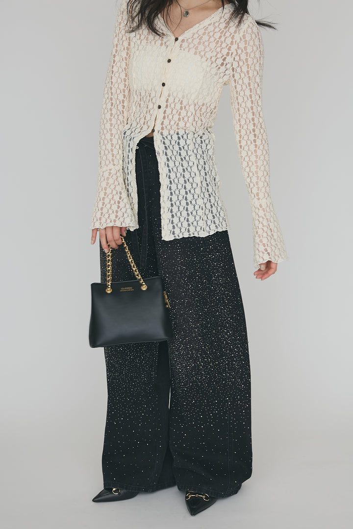 [予約/SET]カットレースフラワーVネックカーデ+ラインストーン美ラインデニム(2set)