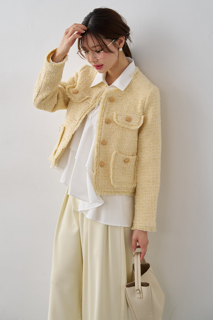 [予約/SET]フリンジツイードゴールドボタンジャケット+エステルツイルタックワイドカラーパンツ(2set)