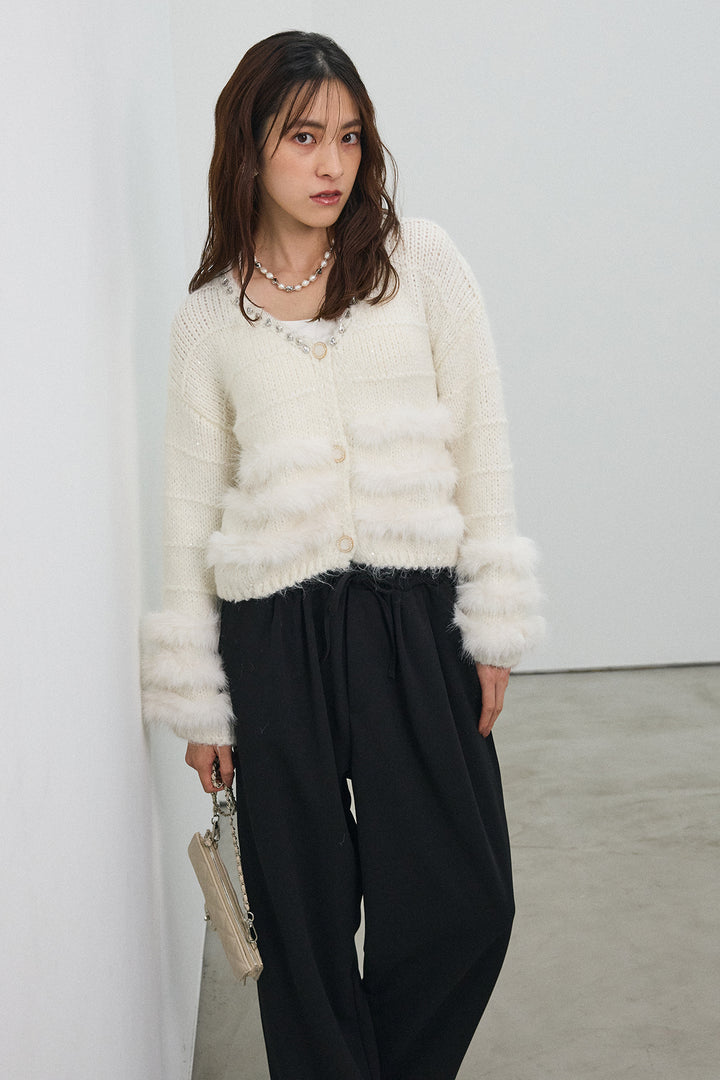 [予約/SET]ネックビジューラインファーニットカーデ+2タック美シルエットパンツ(2set)