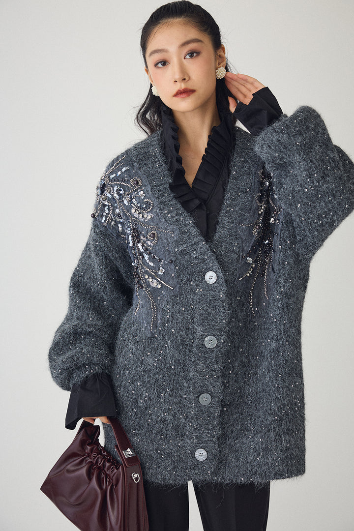 [予約/SET]ダブルプリーツカラーブラウス+ビーズフラワースパンコールシャイニーニットカーデ+タックテーパードパンツ(3set)