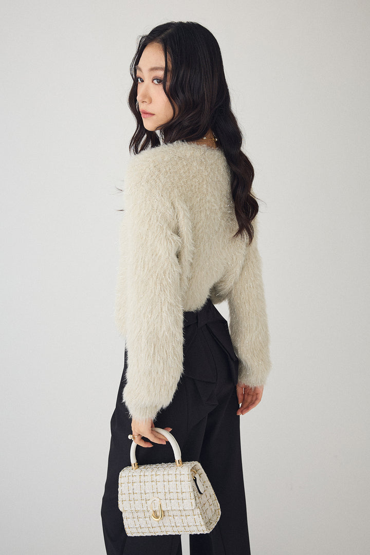 [予約/SET]ゴールドボタンラメシャギーニット+バックリボンストレートパンツ(2set)