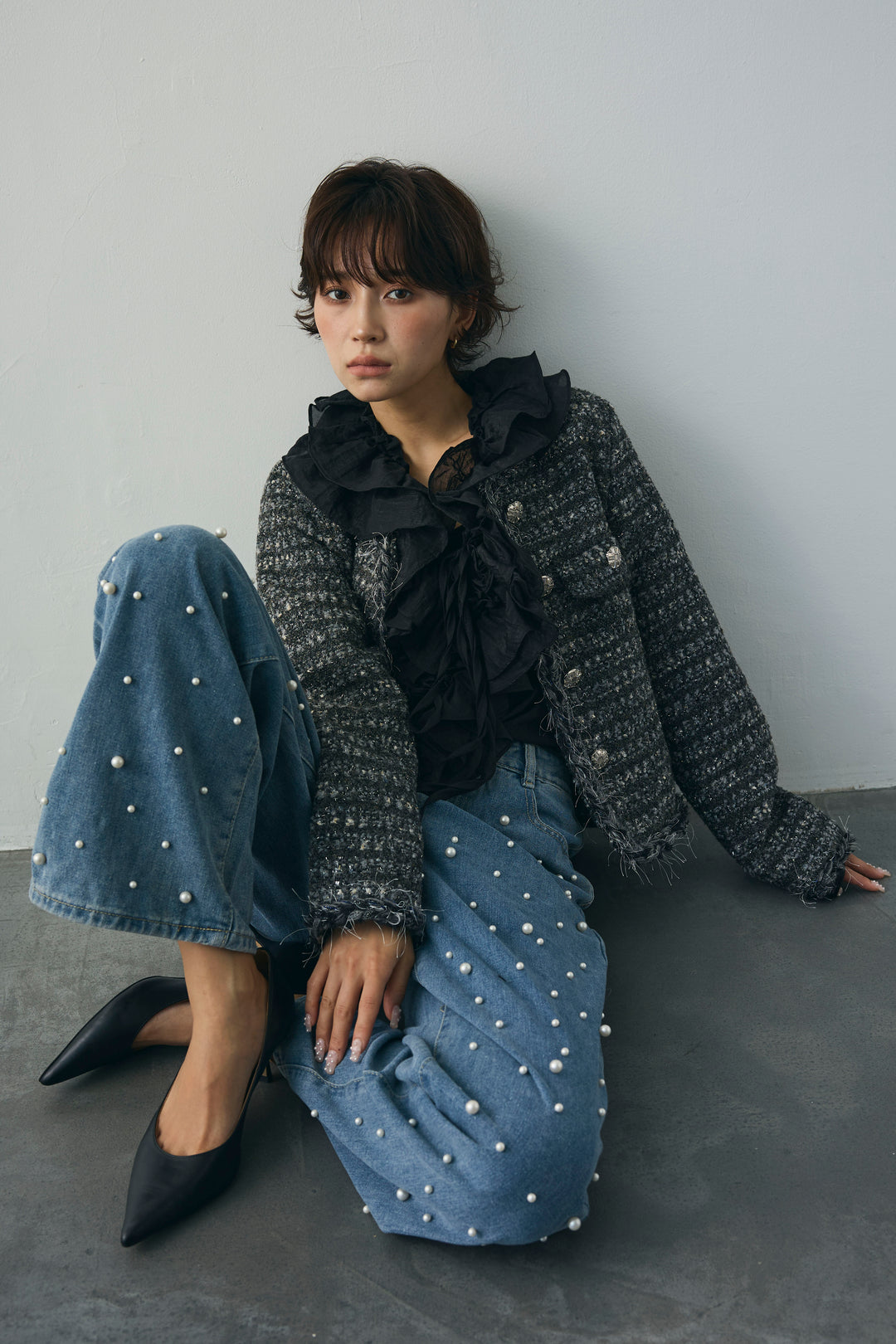 [予約/SET]エアリーラッフルフリルブラウス+フリンジツイードクラシカルジャケット+ランダムパールハイウエストストレートデニム(3set)