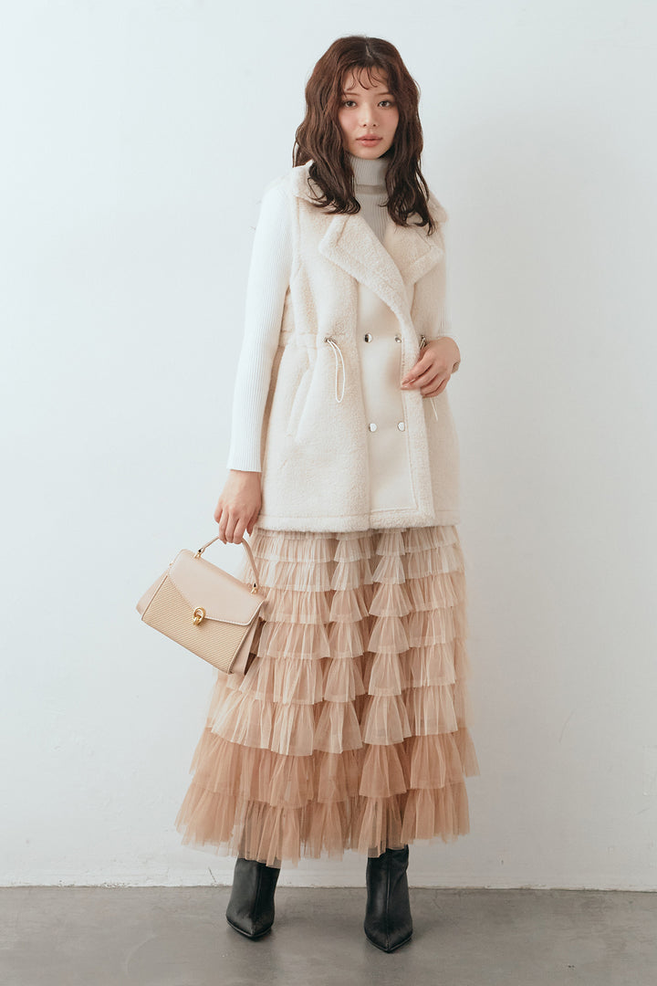 [予約/SET]ベーシックリブタートルニット+テディボアウエストドロストベスト+グラデーションチュールティアードスカート(3set)