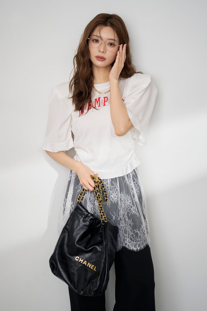[予約/SET]ロゴパフスリーブデザインTシャツ+繊細レースレイヤードパンツ(2set)