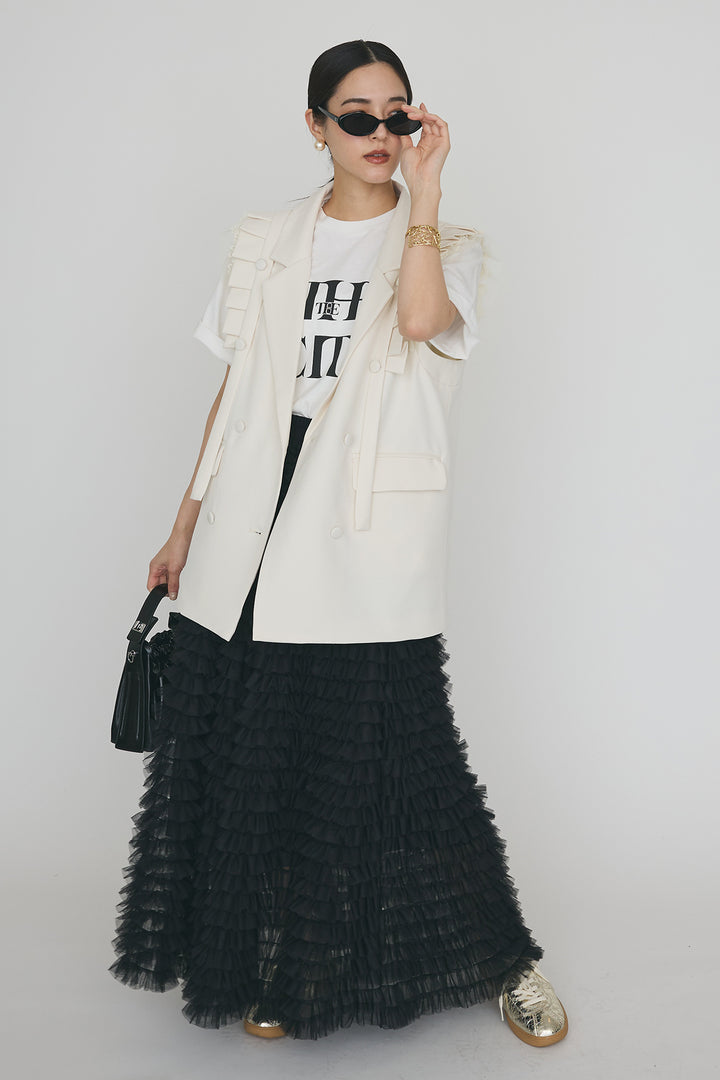 [予約/SET]フリルショルダーテーラーマニッシュベスト+ホイップチュールティアードスカート(2set)