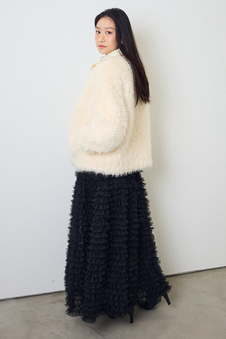 [予約/SET]シャギーファー×リブニットミックスジャケット+ホイップチュールティアードスカート(2set)