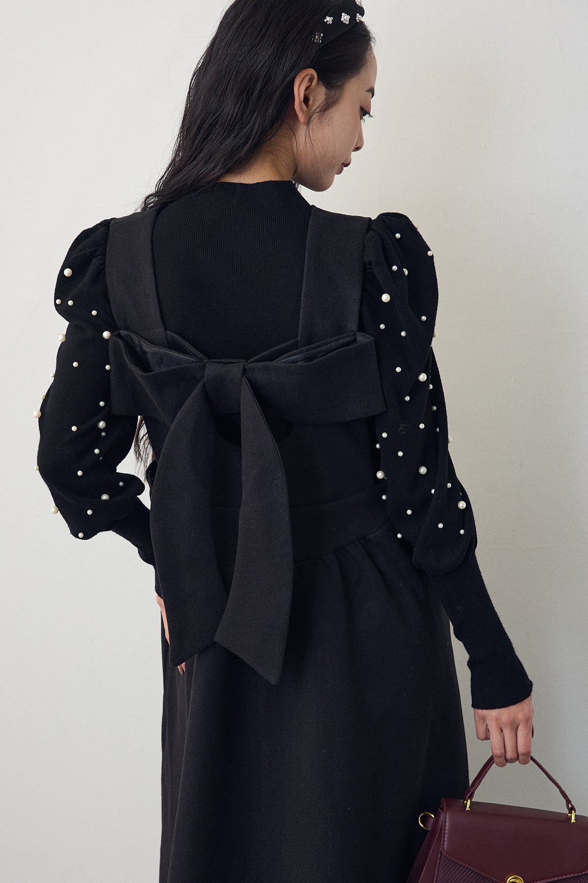 予約/SET]パフスリーブランダムパールニット+前後2wayバックリボン