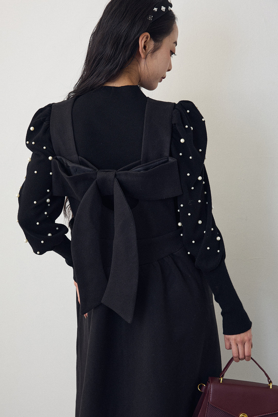 [予約/SET]パフスリーブランダムパールニット+バックリボンボックスシルエットジャンスカ(2set)