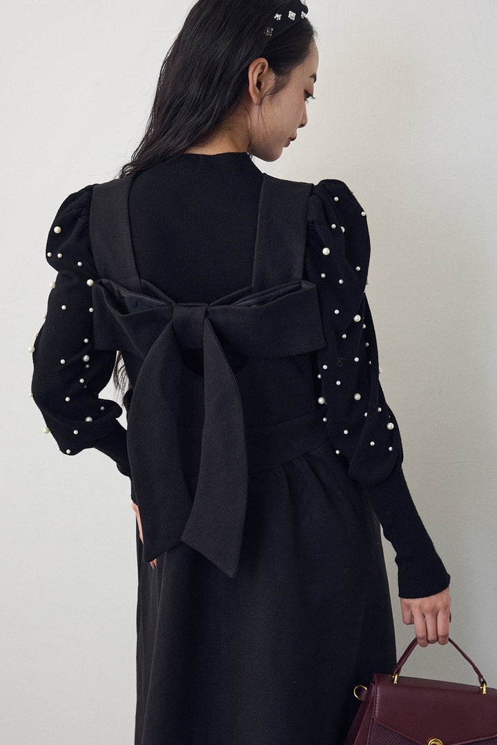 [予約/SET]パフスリーブランダムパールニット+バックリボンボックスシルエットジャンスカ(2set)