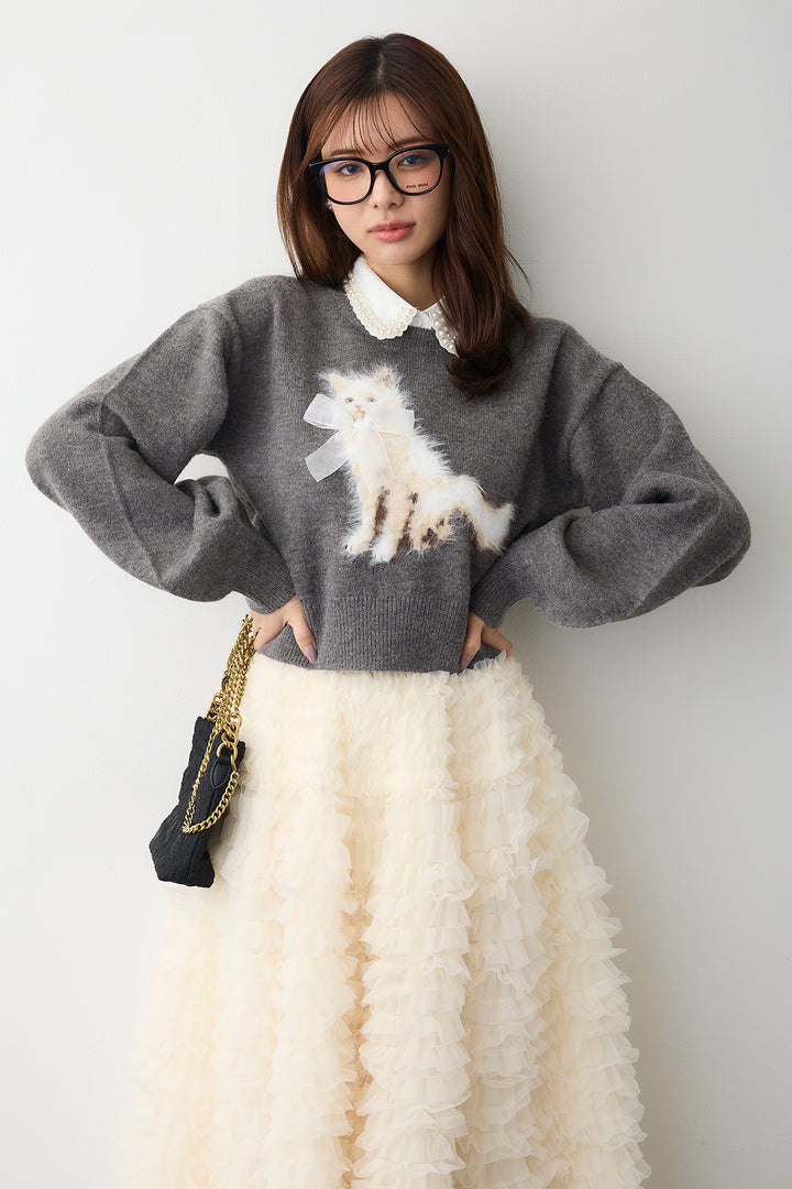 [予約]シャギーリボンキャットモチーフニットPO