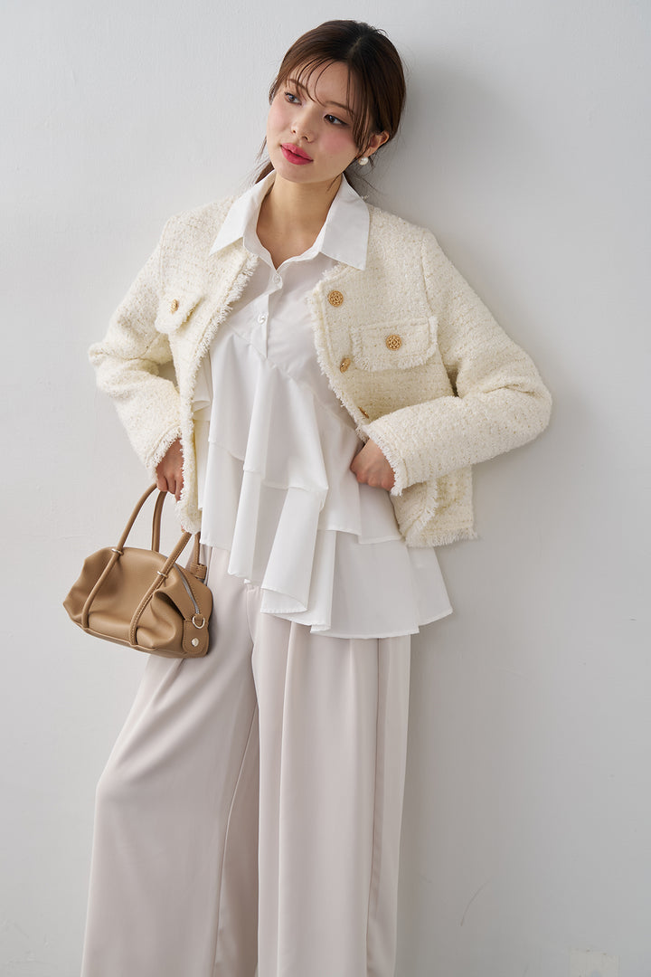 [予約/SET]アシメフリルティアードシャツ+フリンジツイードゴールドボタンジャケット+エステルツイルタックワイドカラーパンツ(3set)