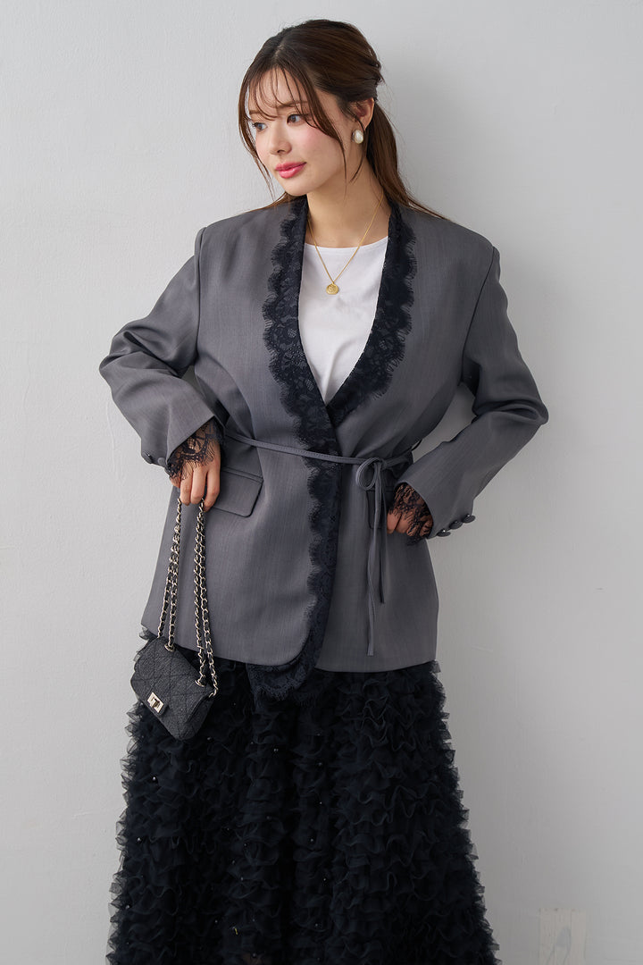 [予約/SET]カシュクールレースドッキングジャケット+パール付きホイップチュールスカート(2set)