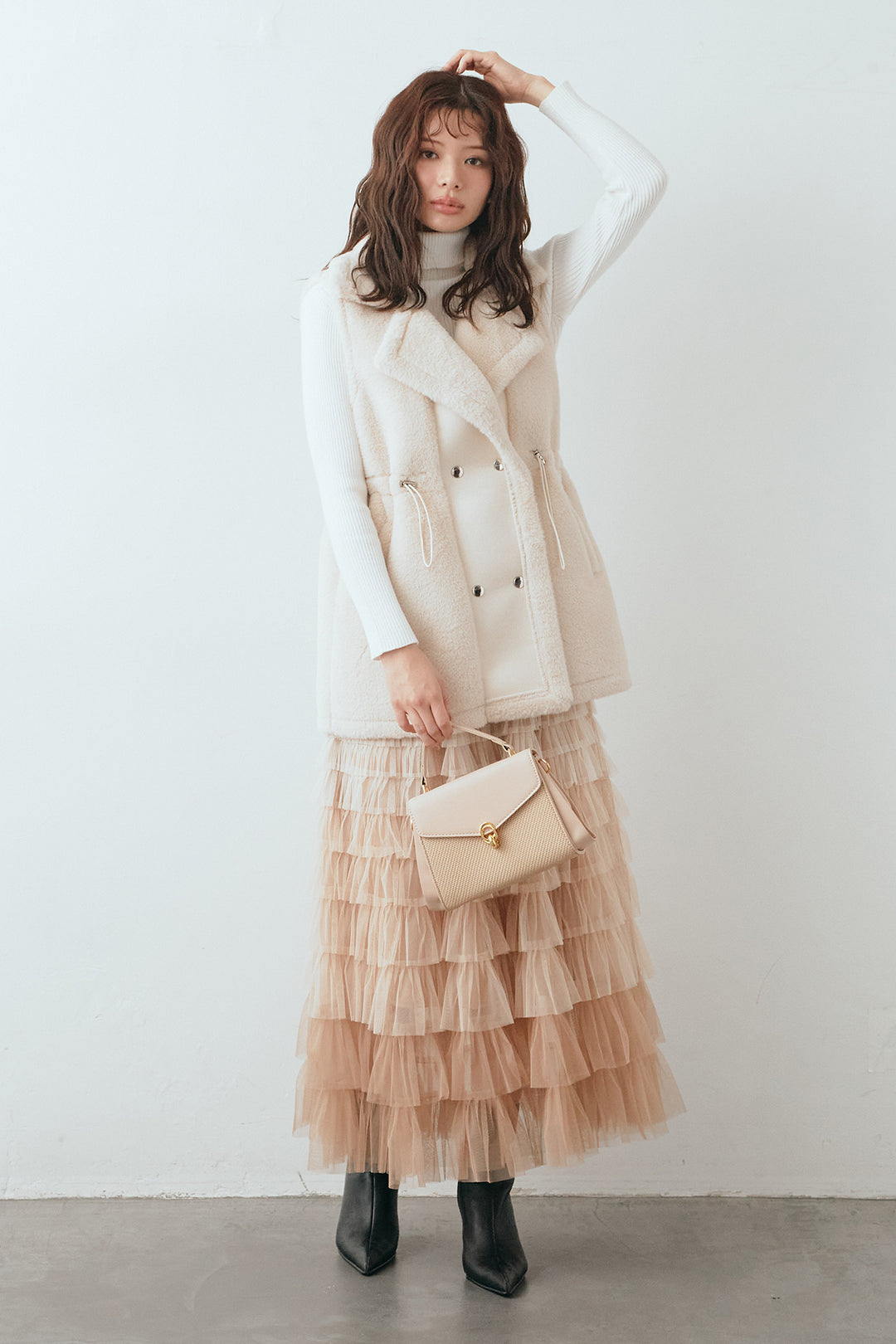 [予約/SET]テディボアウエストドロストベスト+グラデーションチュールティアードスカート(2set)